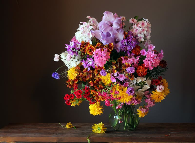 Still life with a bouquet of garden flowers