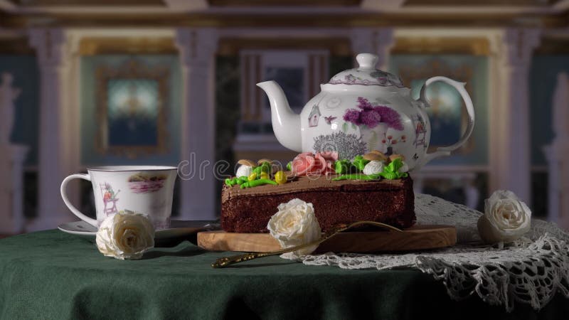 Still life with cake and a cup of tea