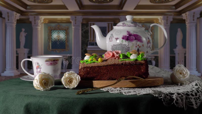 Still life with cake and a cup of tea