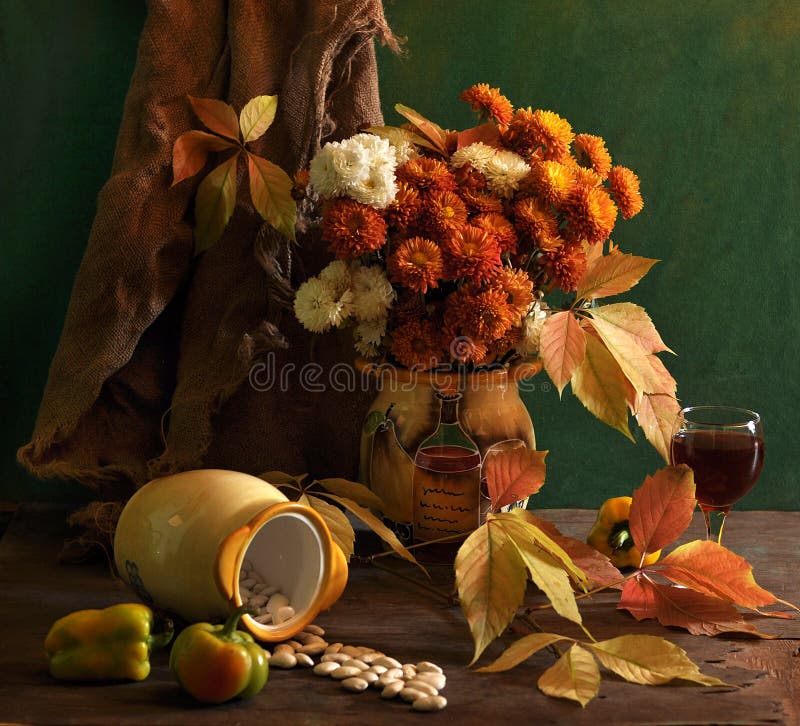 Still life with chrysanthemums and wine