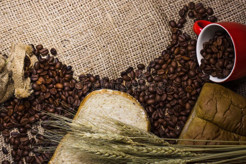 Still Life of Coffee Cup with Coffee Beans , Bread and Barley Stock