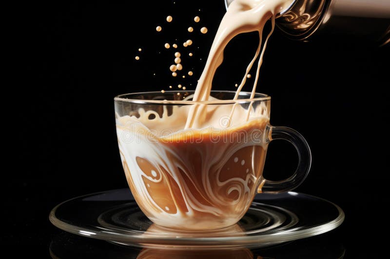 Still life with coffee in glass and pouring cream on black background stock illustration