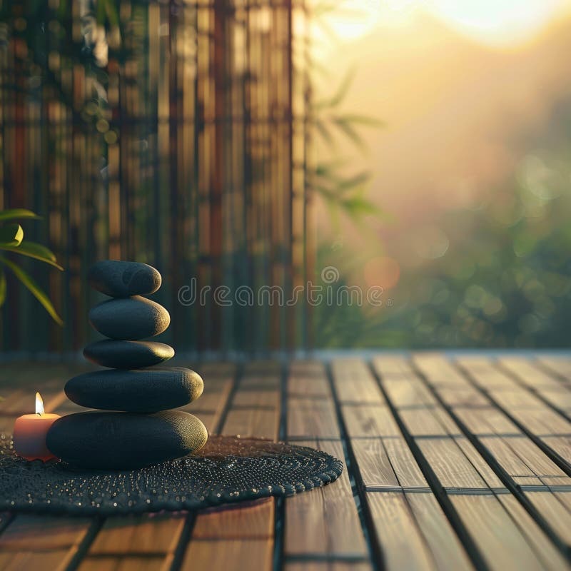 A still life composition featuring a stack of stones and a lit candle placed on a wooden table stock photo