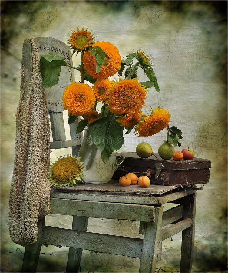 still life consisting of sunflowers on a chair