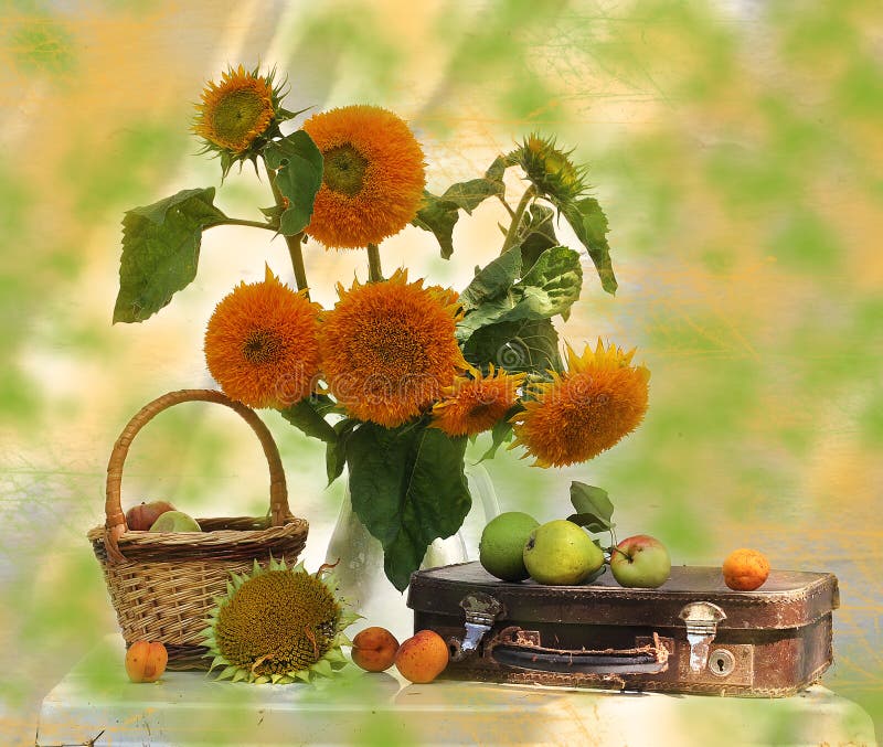 still life consisting of sunflowers and suitcase