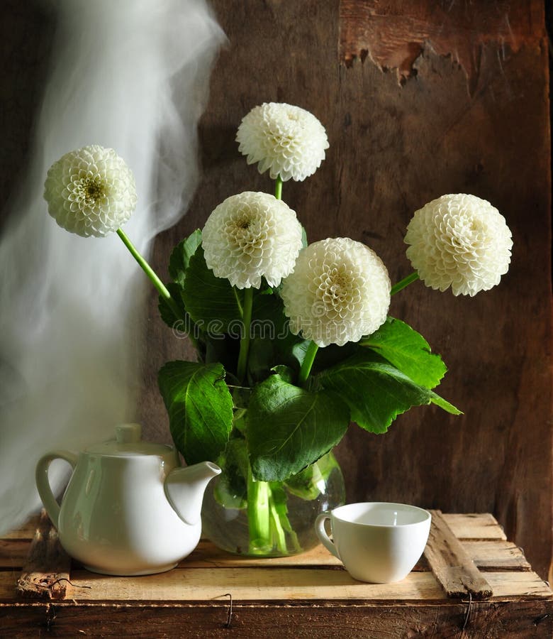 Still life with dahlias white