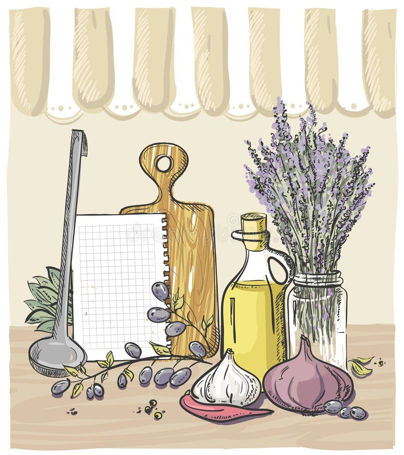 Still life design with vegetables, kitchen utensil, bouquet of lavender and bottle of olive oil