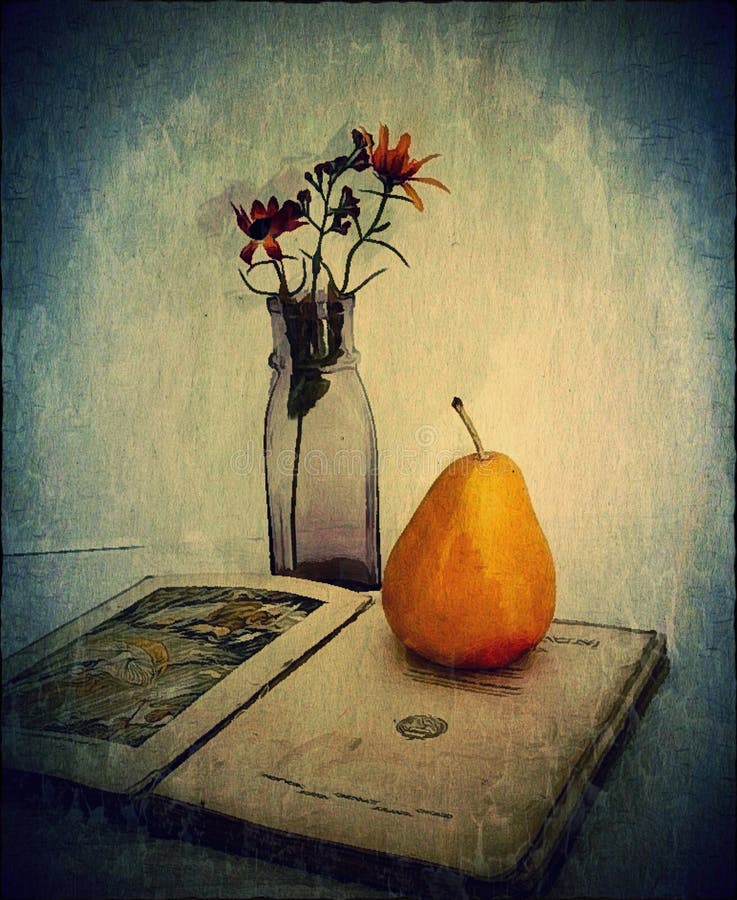 Still Life Open Book Pear Flowers. Digital Art. Stock Image - Image of ...