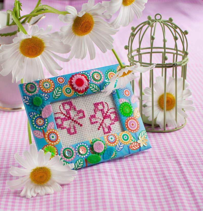 Still Life with Embroidered Crossstitch Butterflies Stock Photo Image of petal, chamomile