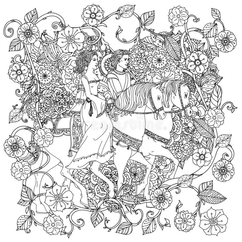 Uncolored man and women as fairy tale princess and prince Adult coloring bo...