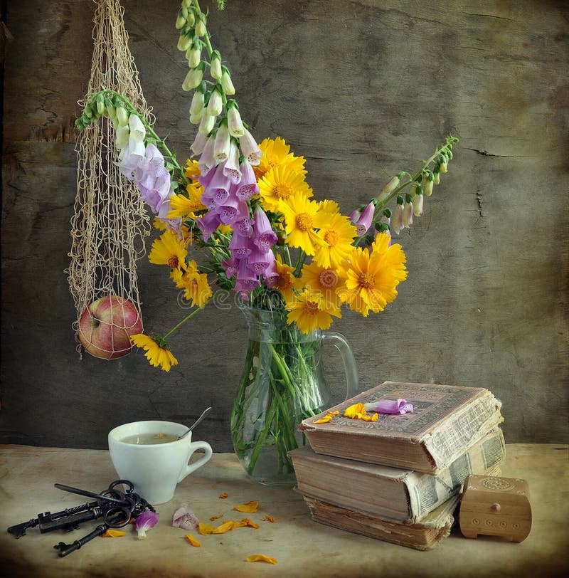 Still life with a foxglove and books