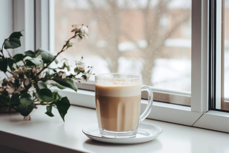 Still life with a glass of coffee with milk on the windowsill royalty free illustration