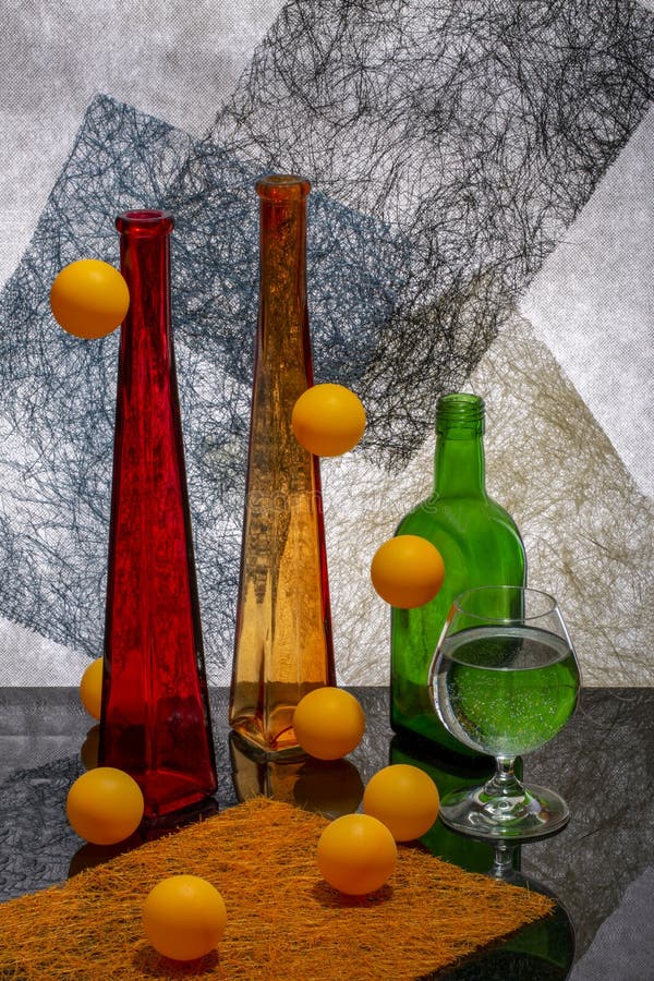 Still Life with Glassware and Orange Balls Stock Photo Image of