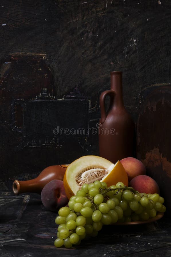 Still-life with grapes, peaches and bottles