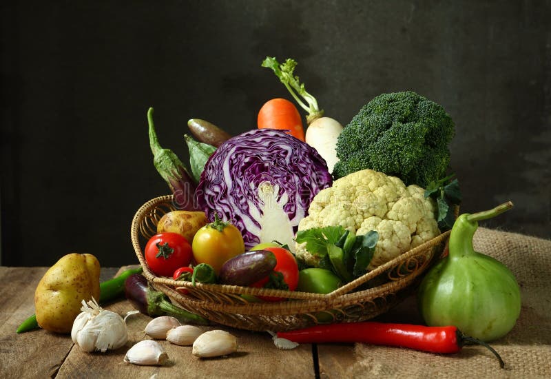 Still life harvested vegetables agricultural on wooden table background