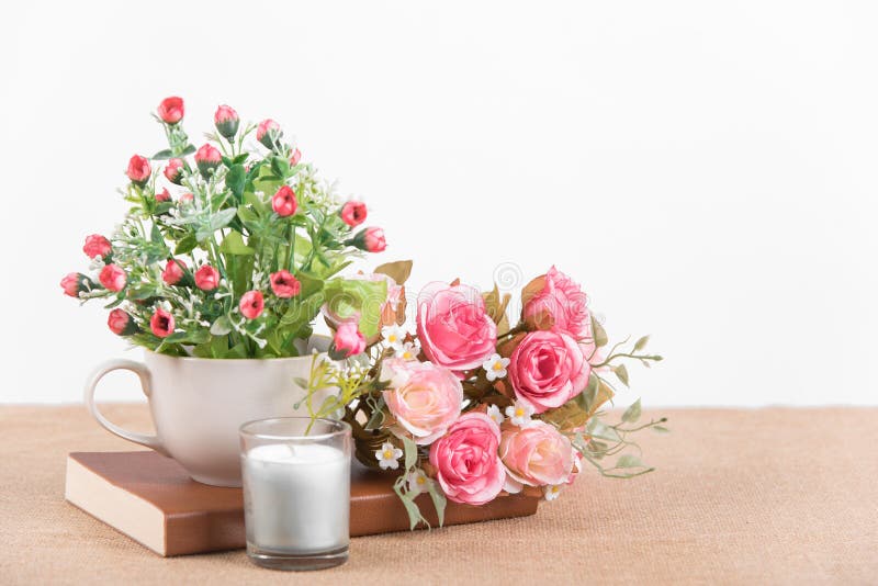 still life interior decoration pink rose flower in a vase with b