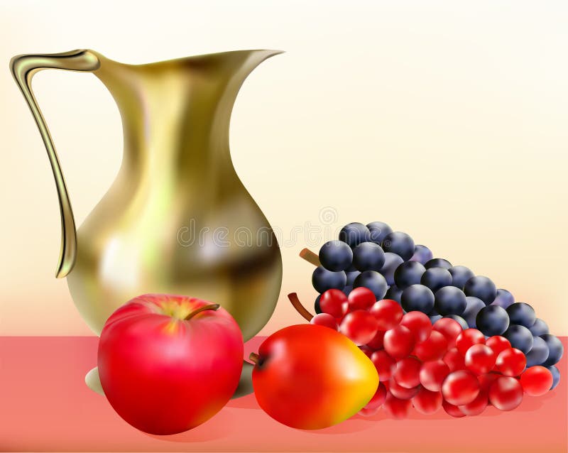 Still life with a jug of apple golden grapes and m stock illustration Still life with a jug of apple golden grapes and m stock illustration