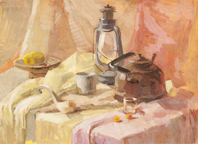 Still life with lantern, teapot and wooden spoon gouache