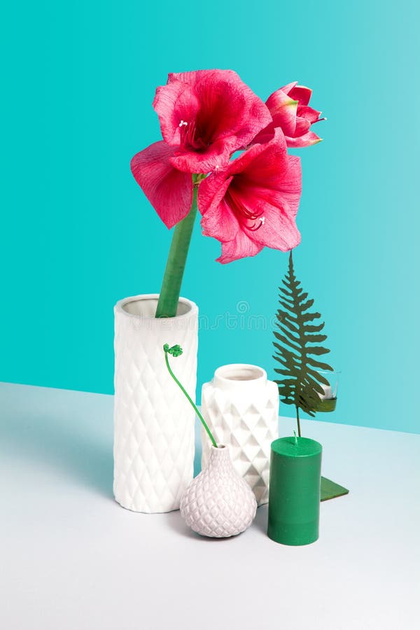 Still Life Mock Up with Red Flower, White Ceramic Vase, Decor on Grey ...