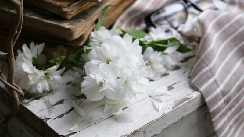 Still life with an old book, a metal mug and white flowers. composition in a rustic style.