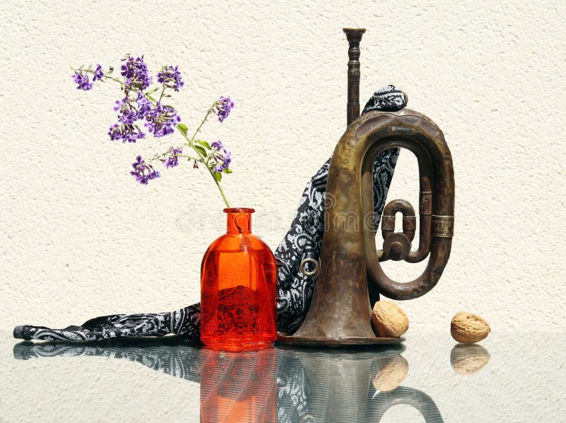 Still life with old rusty bugle stock images Still life with old rusty bugle stock images