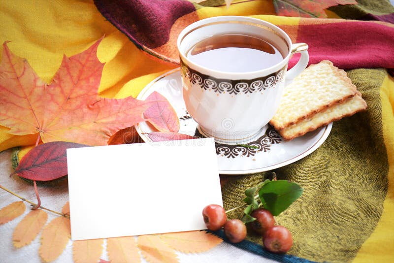 Cup of Tea with Autumn Leaves Cookies and Blank Card