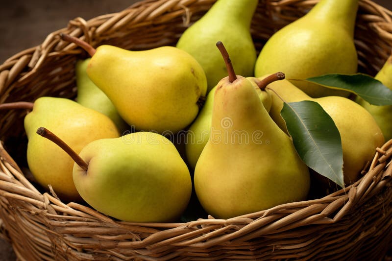 Still life of ripe pears in basket. Generative AI