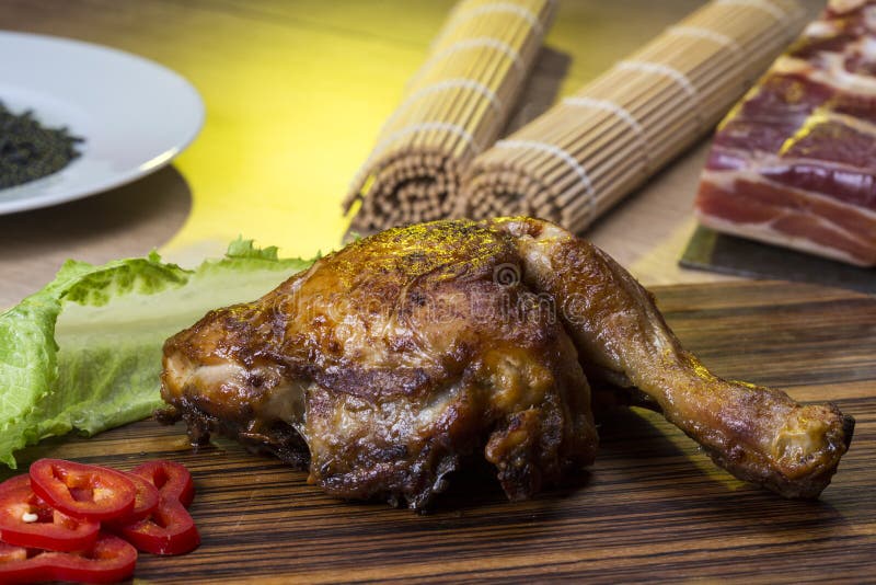 Still Life with Roasted Chicken Leg Stock Image Image of board