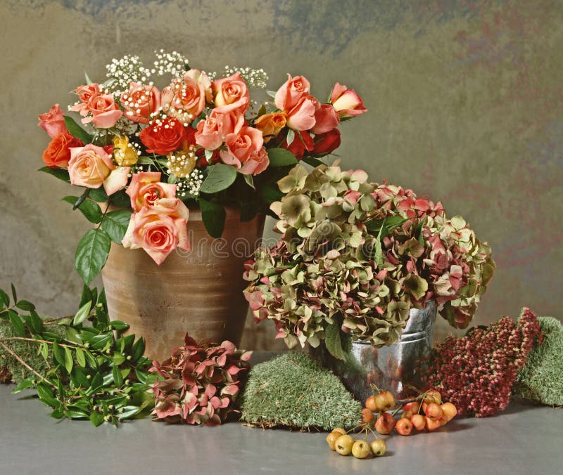 Still life with roses and hortensias