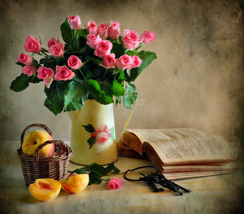 Still life with roses, peach and book