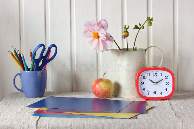 Still Life with Stationery Items for Creativity on the Table Stock