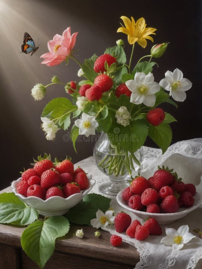 Still life of strawberries and raspberries with leaves, flowers, butterflies, rays of sun, dew drops and lilies of the valley,Printable art,Wall Decor