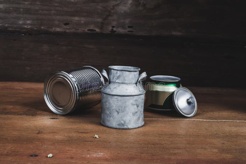 Still Life Tin Can on Wood Table Stock Image Image of container