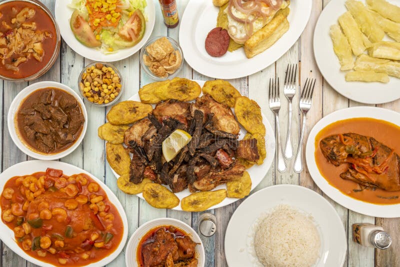 A Still Life of Typical Caribbean Recipes with Roast Beef and Chicken