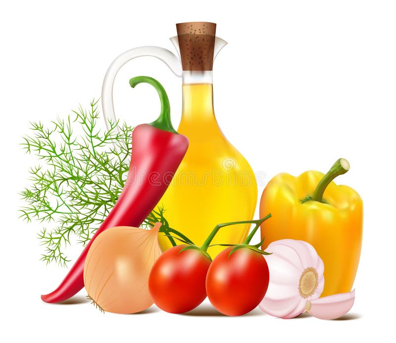 Still life in vegetables and vegetable oil royalty free illustration Still life in vegetables and vegetable oil royalty free illustration