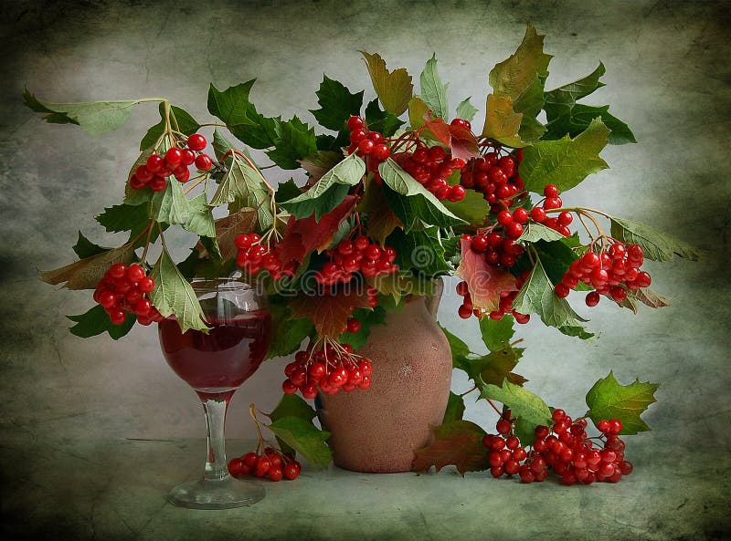 Still life with a viburnum and glass of wine