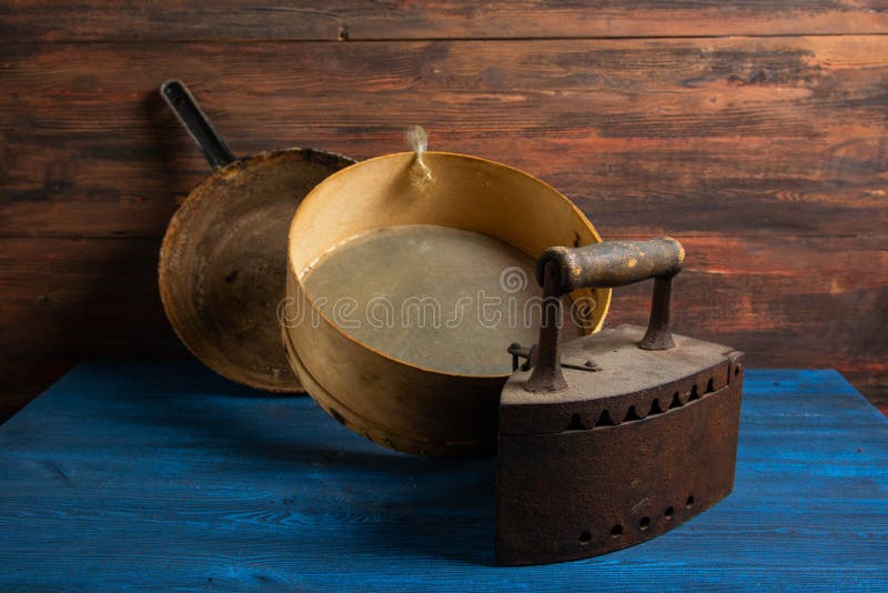 Still Life in Vintage Style, Kitchen Utensils on a Wooden Table. Stock