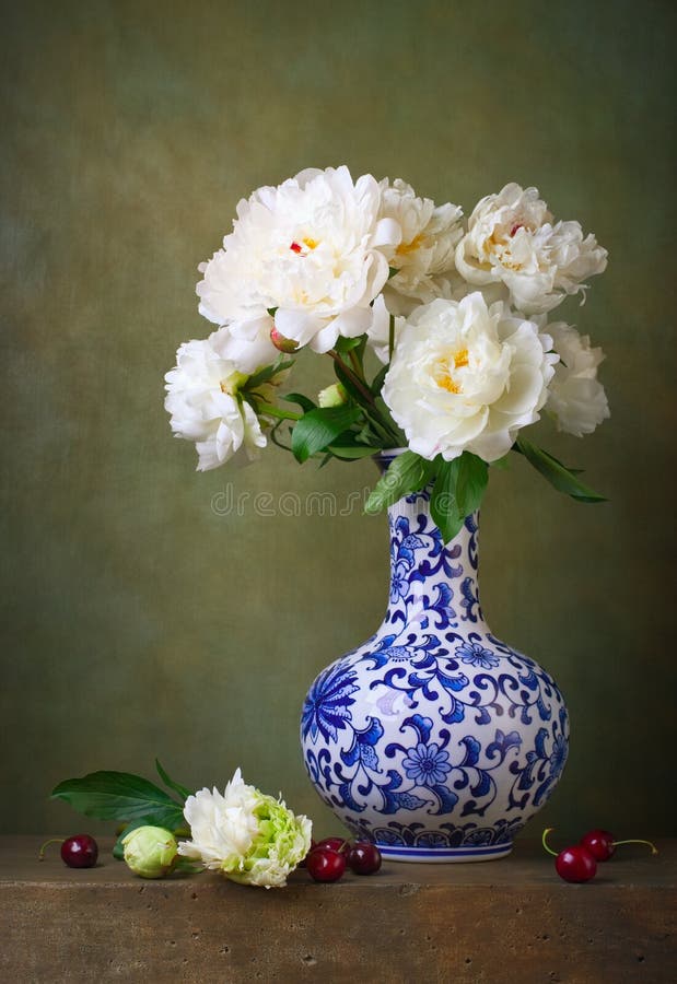 Still life with white peonies in a chinese vase