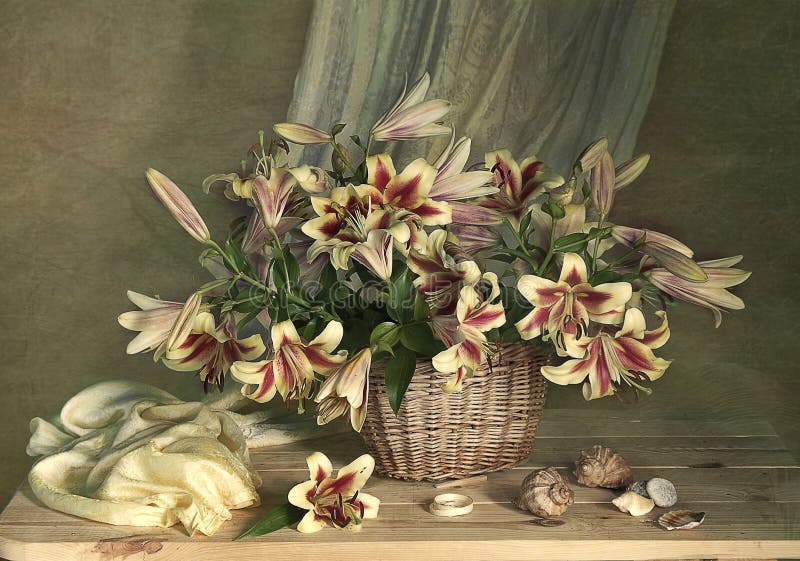 Still life with yellow lilies in a basket