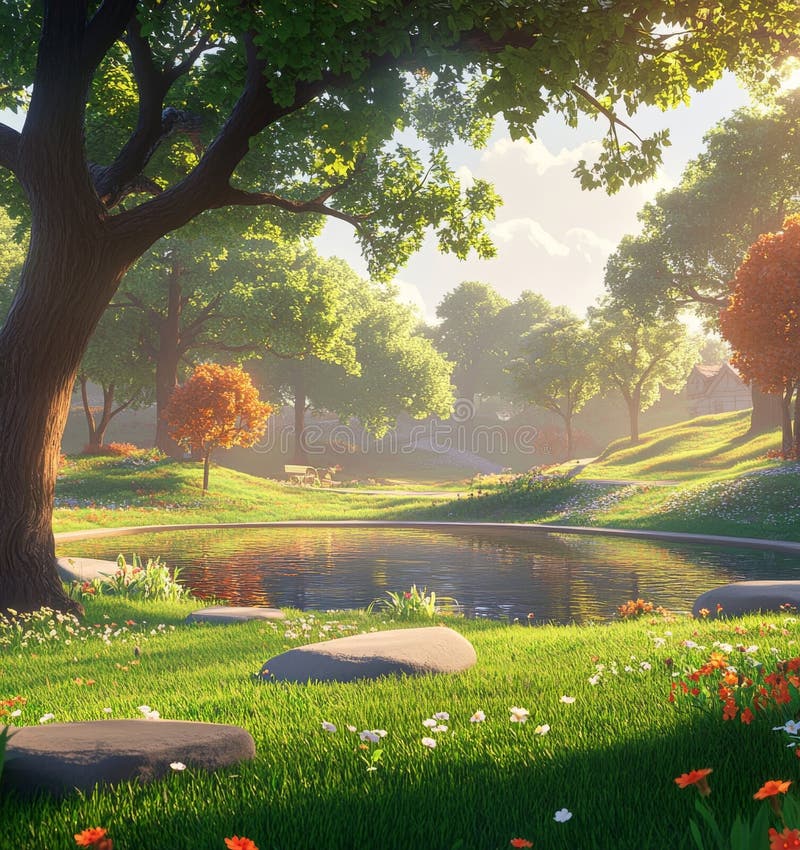 A still pond with lush vegetation creates a peaceful ambiance, pond, peaceful royalty free stock image