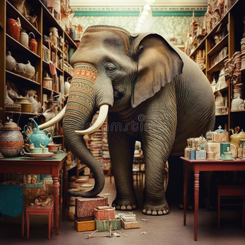 Stillastående elefant i en porslinsgenerativ ai stock illustrationer