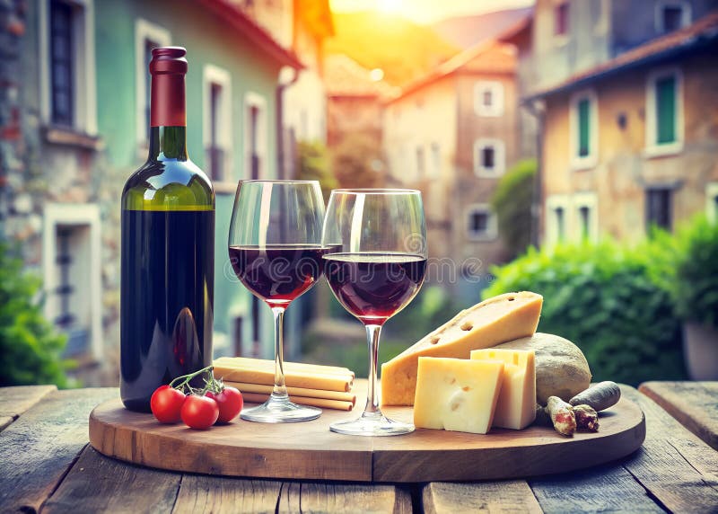 Stillbild einer Flasche und Gläser mit Rotwein und einem Haufen Trauben. ai generiert lizenzfreie abbildung
