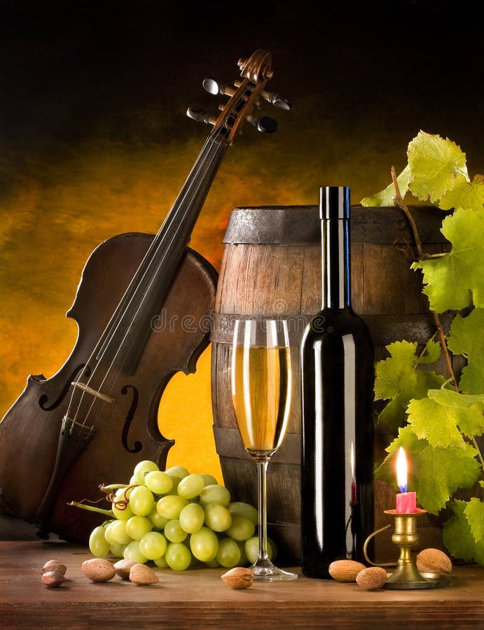 Stilleven met wijn en viool
