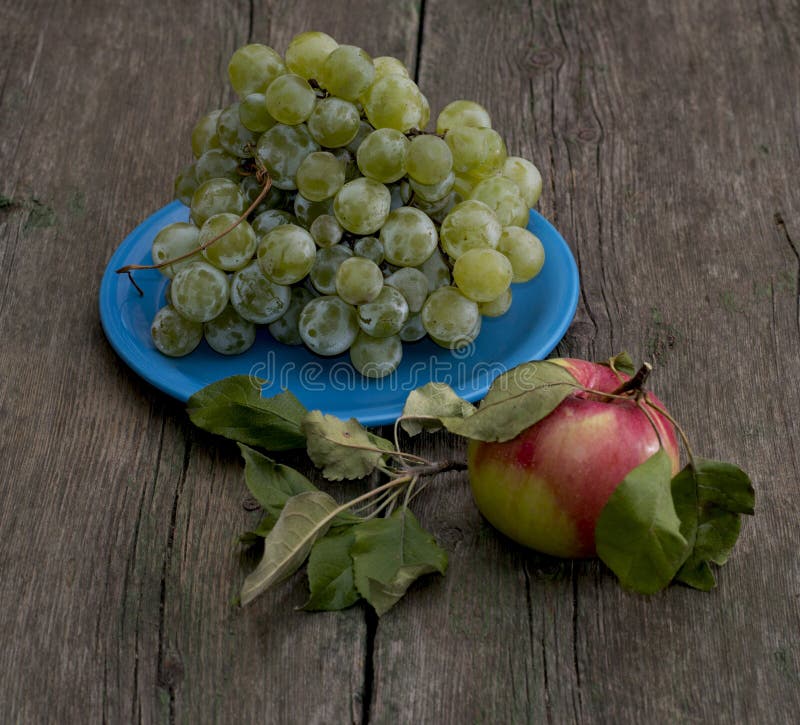 Stillleben Eine Blaue Platte Mit Trauben Und Einem Apfel Auf Dem Recht ...