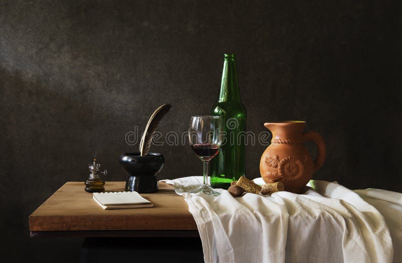 Still life Photography with red wine on wooden table and note. Still life Photography with red wine on wooden table and note