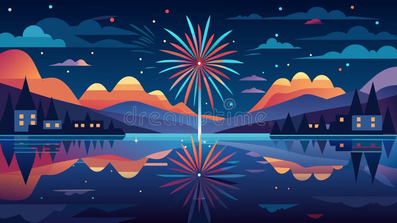 In the stillness of a lake the dazzling fireworks dance in the sky their vibrant reflections creating a breathtaking scene of celebration.. Vector illustration AI generated