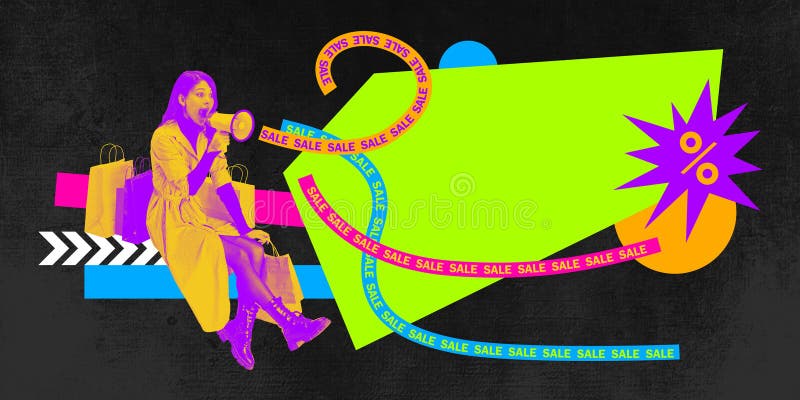 Stilvolle Frau, die in Megaphon riecht, umgeben von Verkaufsbändern und Tags. Kunstsammlung. stockbild