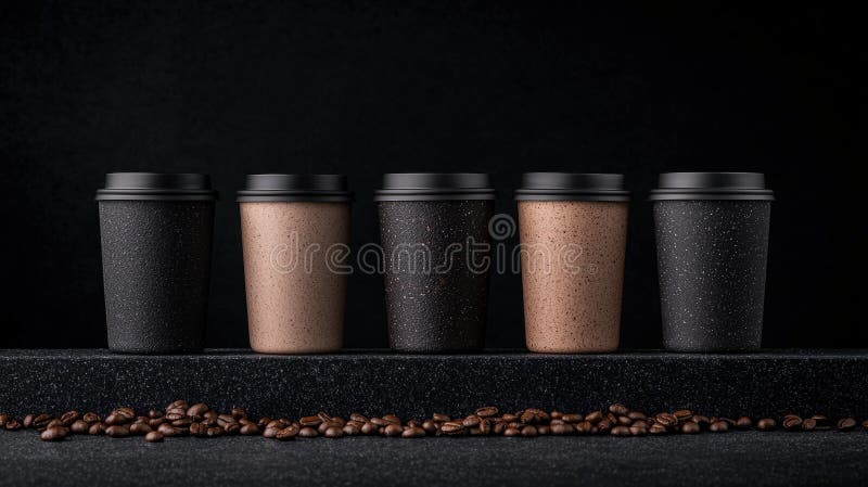 Stilvolle Kaffeetassen und geröstete Bohnen auf dunklem Hintergrund. vektor abbildung