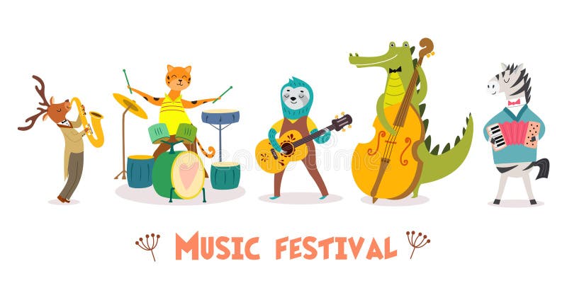 Stilvolle Karte oder Plakat mit nettem Tierband in der Karikaturart Vector Illustration mit Tiermusikern im Musikfestival lizenzfreie abbildung Stilvolle Karte oder Plakat mit nettem Tierband in der Karikaturart Vector Illustration mit Tiermusikern im Musikfestival lizenzfreie abbildung