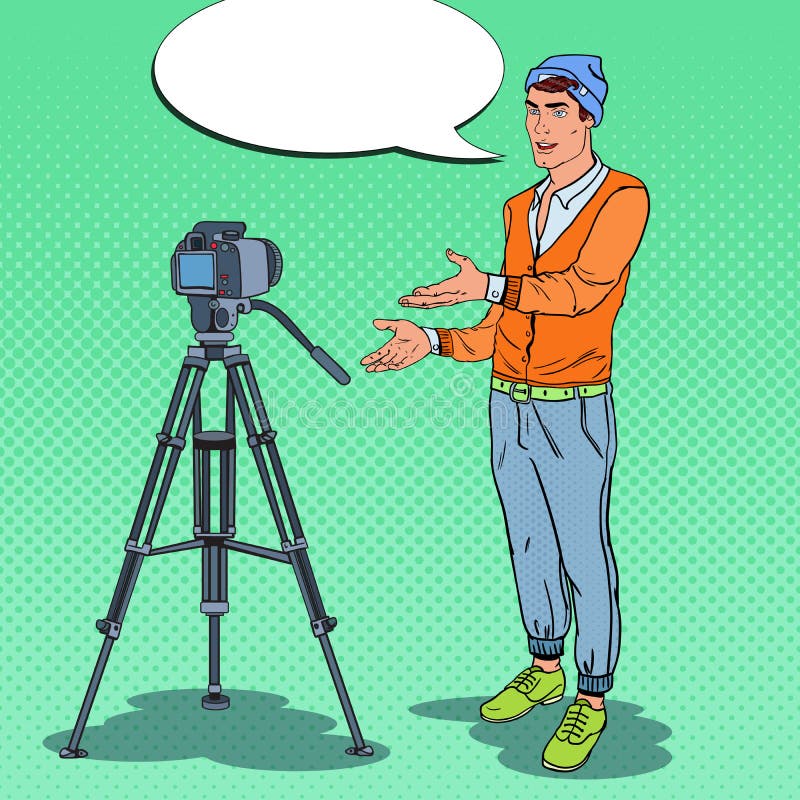 Stilvoller Guy Blogger Recording Video Vlog Pop-Arten-Illustration stock abbildung